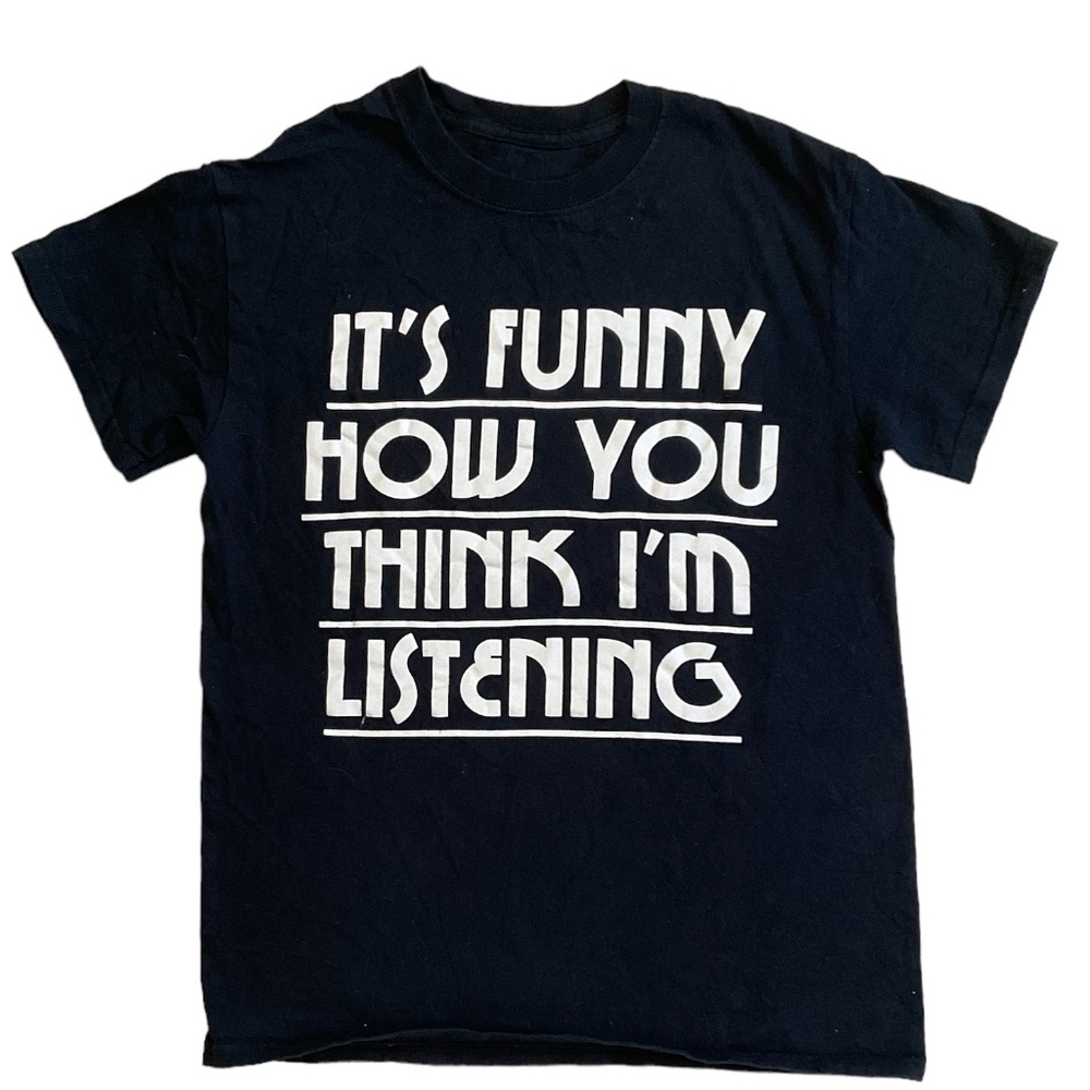 TEE SHIRT Boys (Unisex) Black White “It’s Funny How You Think” Size L VGC